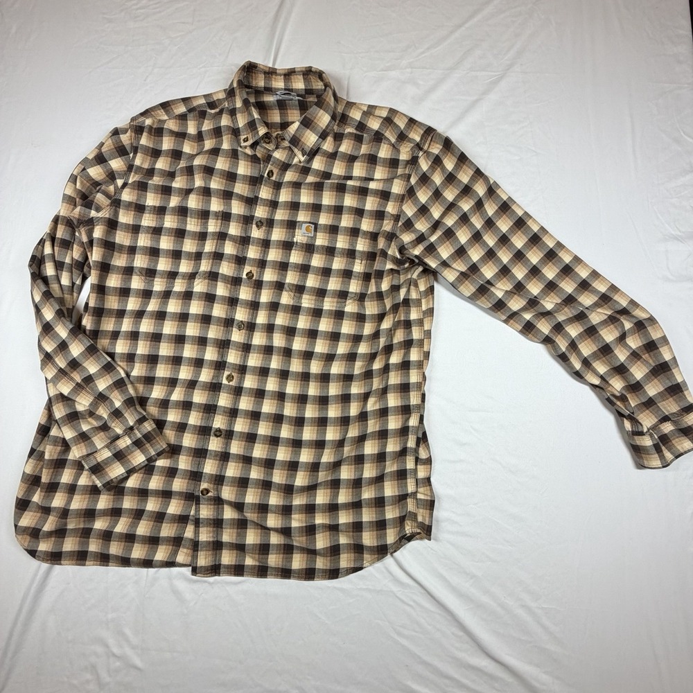 Carhart Brown Ivory Plaid Flannel Button Down Shirt 2XL  Tall Great Condition